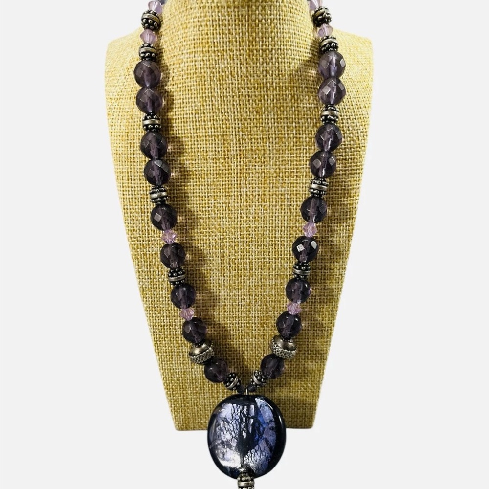 Art Glass Acrylic Bead Necklace Boho Purple Amethyst Color Sterling Clasp 18”